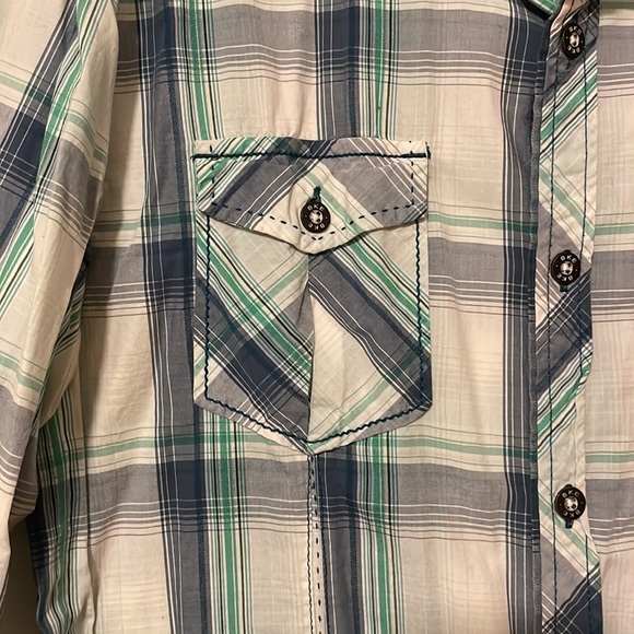 Men's BKE Buckle Western Green Blue Plaid Slim Fit Button Up long slv Shirt XL - Picture 4 of 5